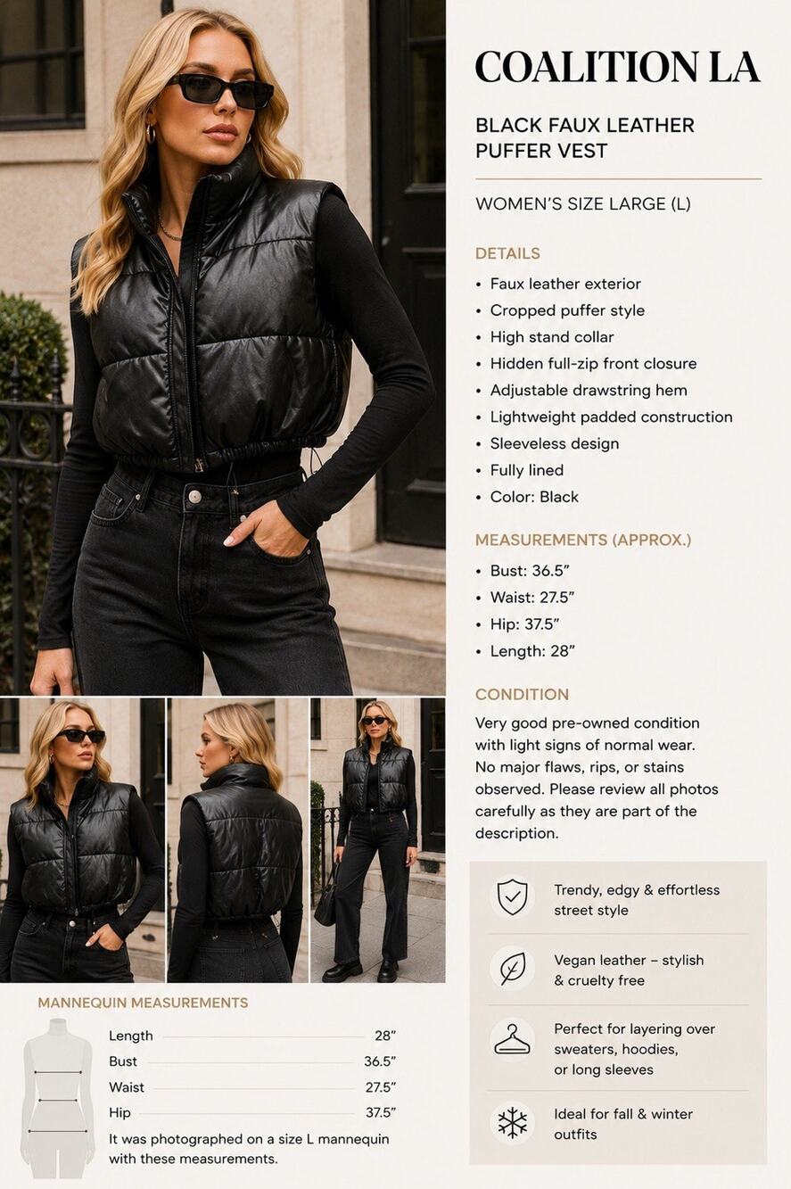 Coalition LA Black Faux Leather Puffer Vest Cropped Zip Women’s Large L Vegan